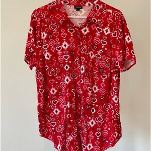 Torrid size 1 heart theme button up blouse office holiday work casual red heart